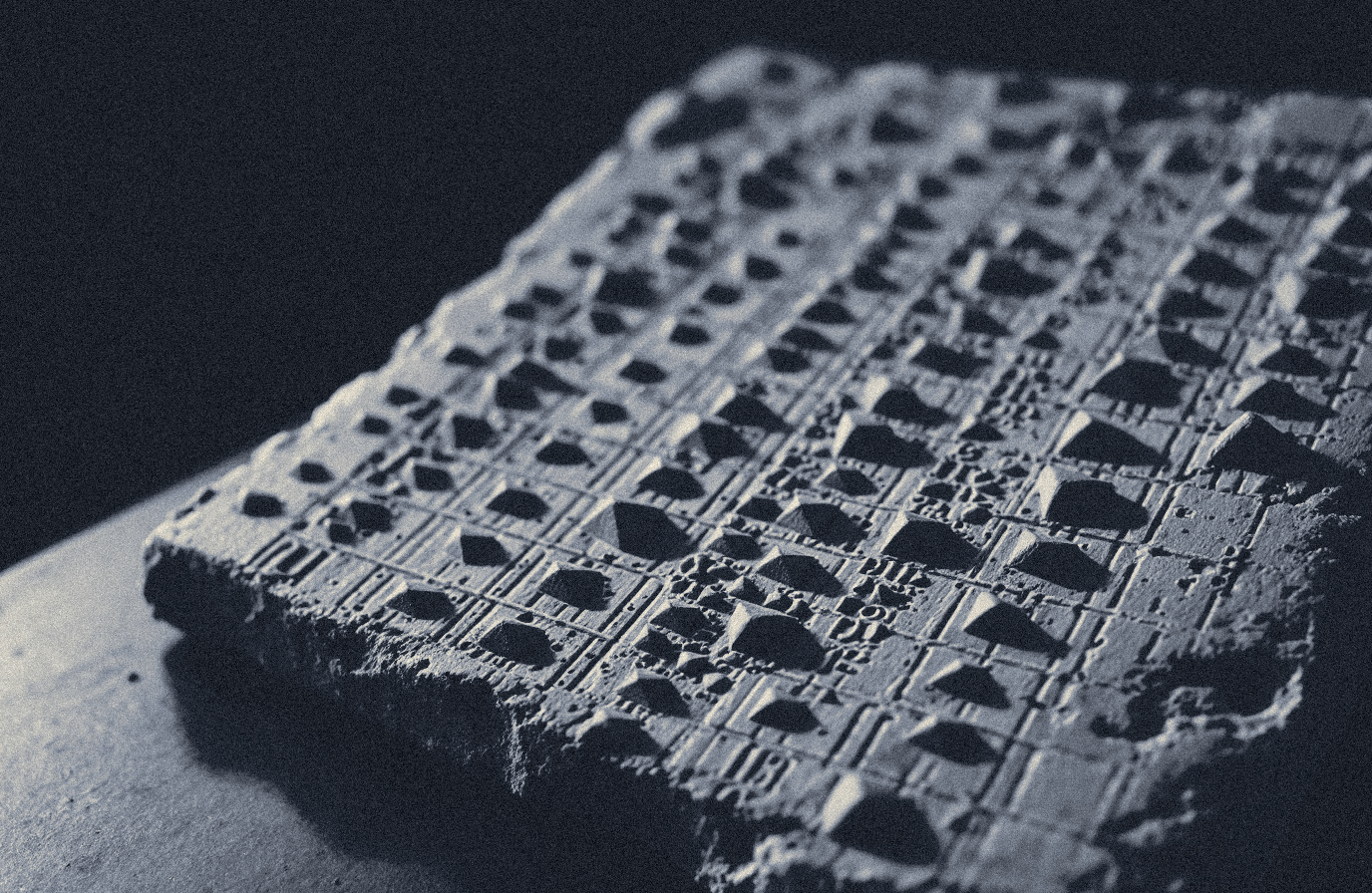 Generated impression of a Babylonian mathematical tablet ruled into rows of numerical calculation