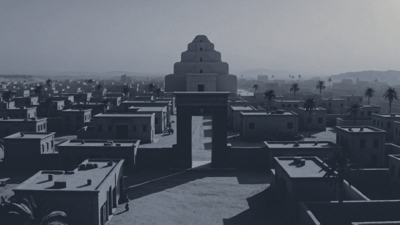 A slow push toward the Ishtar Gate with the ziggurat behind it, the city empty: a generated reconstruction, not a photograph or a plan of Babylon.