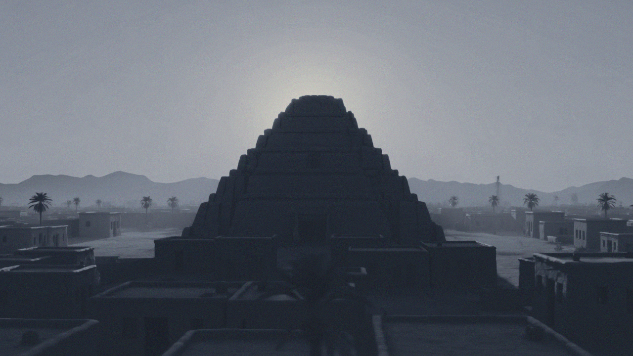 A slow orbit around a stepped ziggurat above an empty mudbrick city at low sun: a generated reconstruction, not a photograph or plan of any real site.