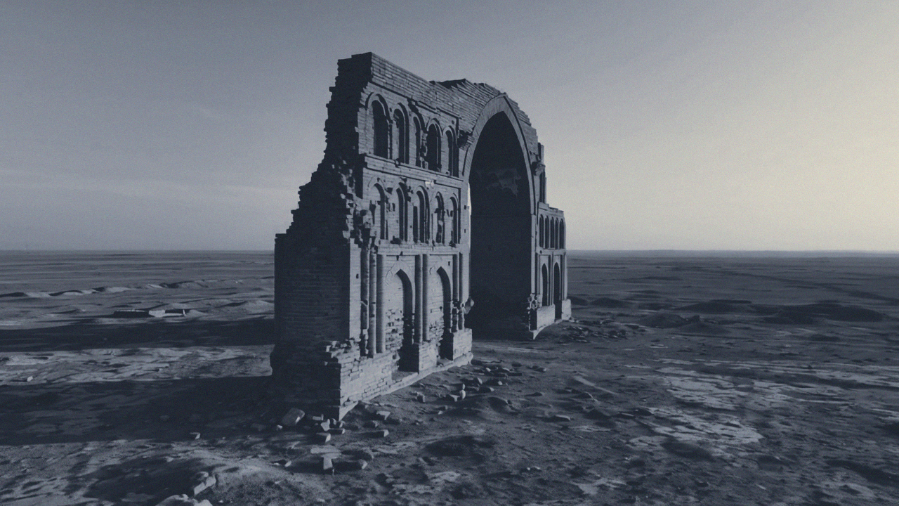 A slow orbit around the ruined vault on an empty plain, one wing of arcading still standing and the other collapsed: a generated reconstruction, not a photograph of Taq Kasra.