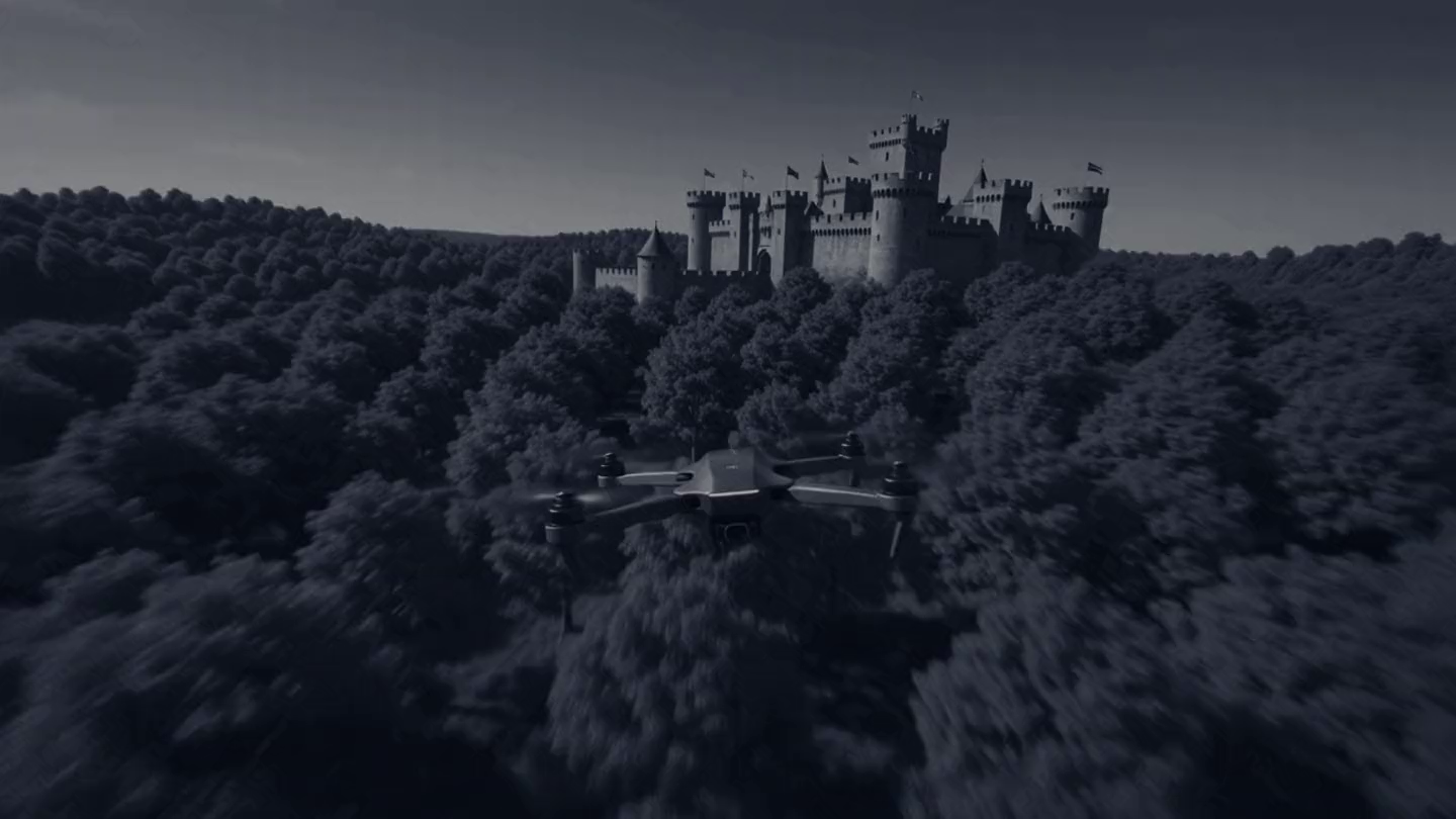 A drone flight from a castle above woodland, through a canal of smoking factories, into a city street: three centuries in one shot.